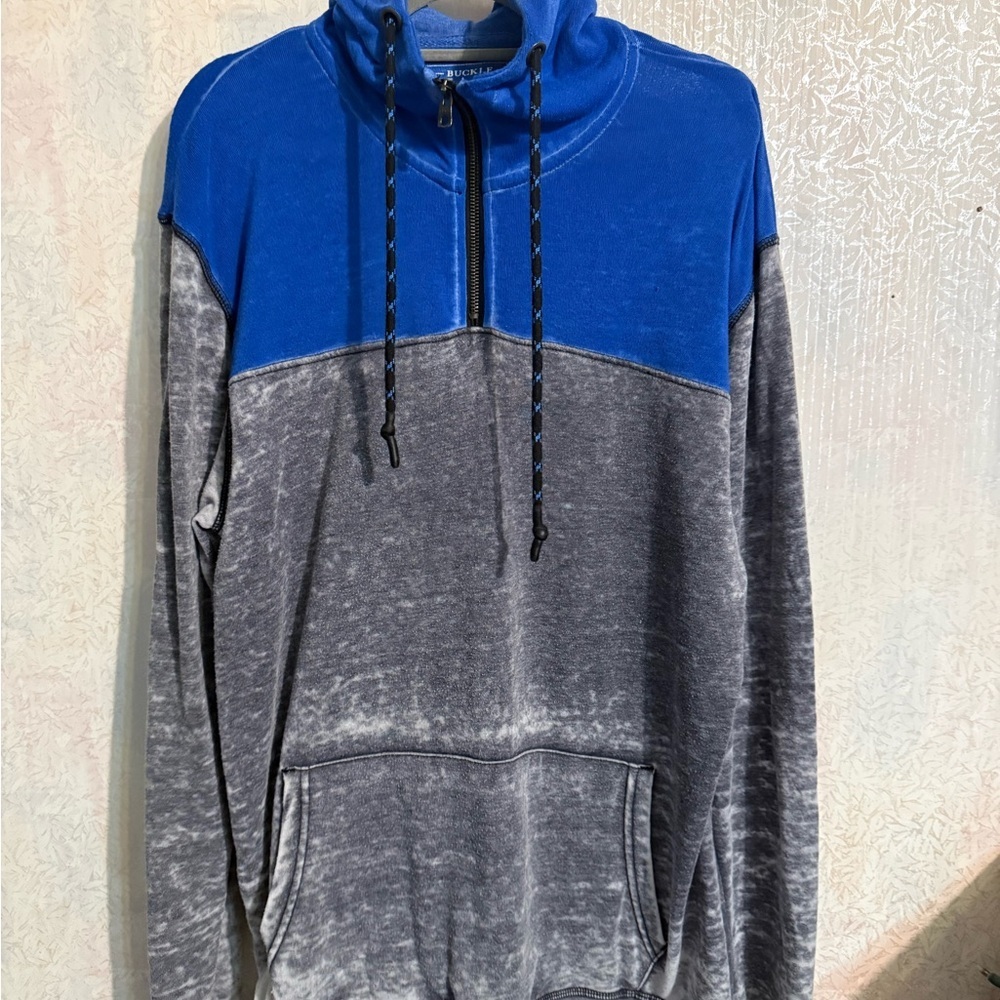 Buckle Black Distressed Blue And Gray Hoodie, Sz Large, Flaws are in photos.